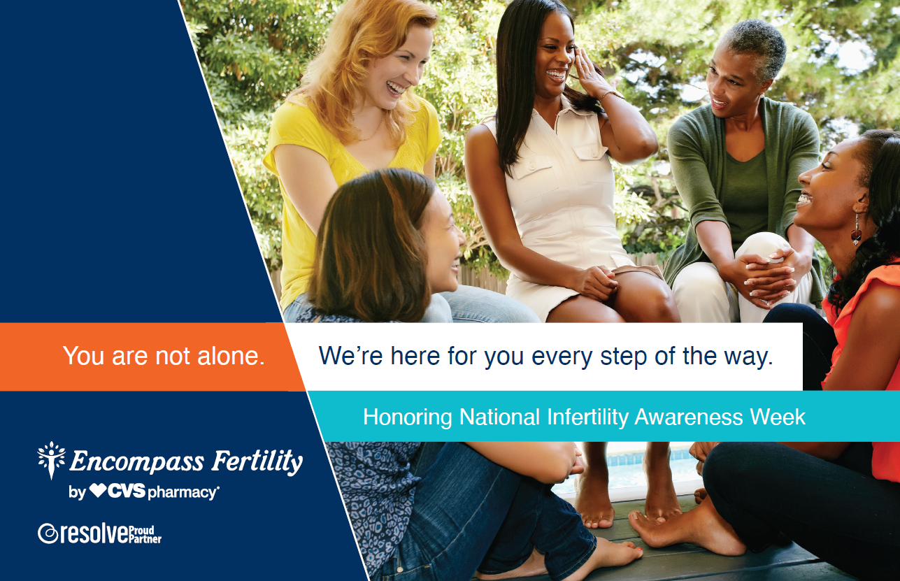 Five women sit in a circle and  laugh together. Text on graphic reads: "Encompass Fertility — You are not alone. We are here for you every step of the way. Honoring National Infertility Awareness Week